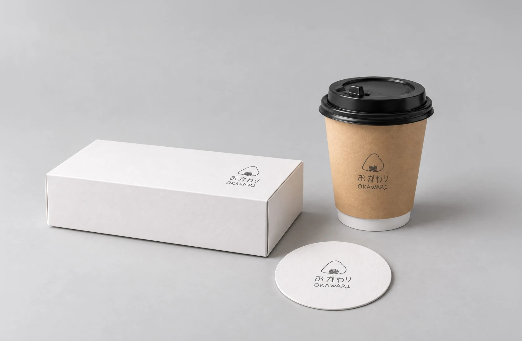 OKAWARI's white food box, kraft coffee cup and paper coaster