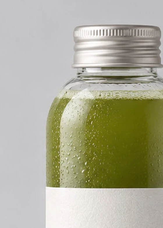 A chilled bottle of vivid green Japanese tea